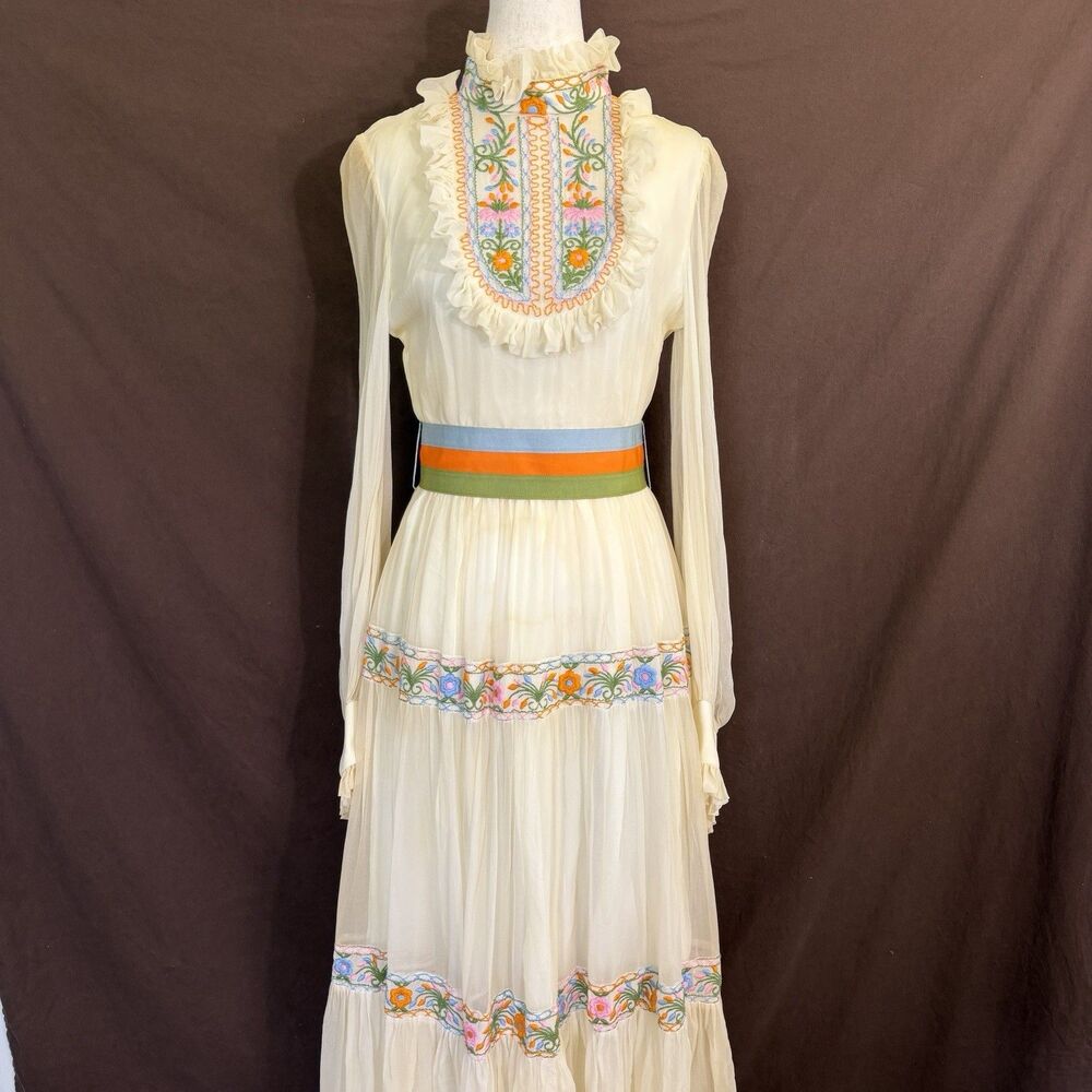 Vintage Prairie Maxi Dress S Embroidered Floral Sheer Sleeves Boho Cottagecore - Picture 1 of 13